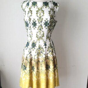 Julian Taylor White Dress with Green and Yellow Patterns